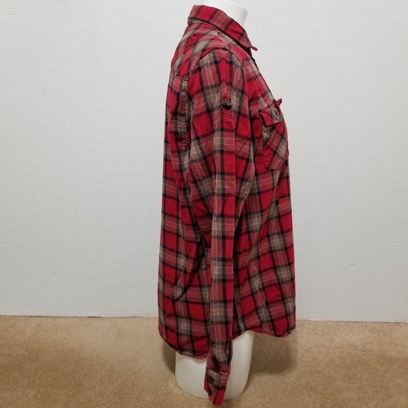 Forever 21 Men shirt Large distressed flannel button up plaid ripped torn grunge - Picture 4 of 15